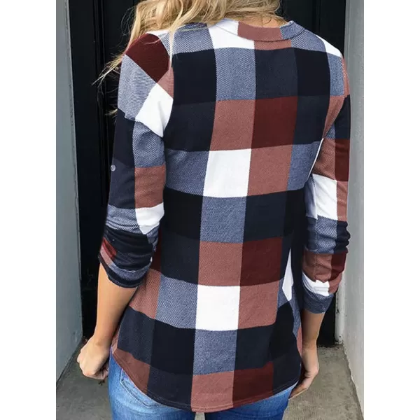 Dokotoo Womens Basic Casual V Neck Plaid Print Cotton Cuffed Long Sleeve Work Tops Blouses Shirts S-5XL