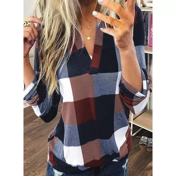 Dokotoo Womens Basic Casual V Neck Plaid Print Cotton Cuffed Long Sleeve Work Tops Blouses Shirts S-5XL