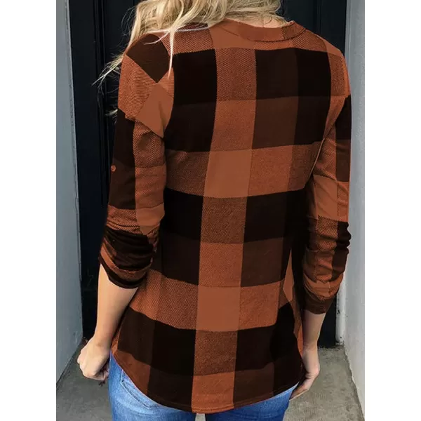 Dokotoo Womens Basic Casual V Neck Plaid Print Cotton Cuffed Long Sleeve Work Tops Blouses Shirts S-5XL