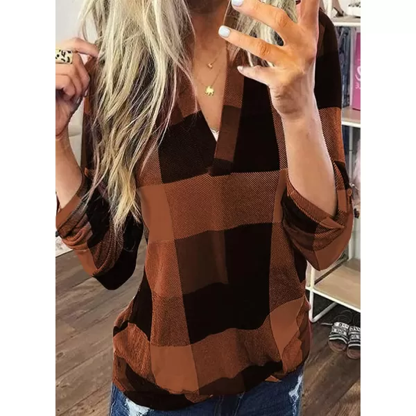 Dokotoo Womens Basic Casual V Neck Plaid Print Cotton Cuffed Long Sleeve Work Tops Blouses Shirts S-5XL