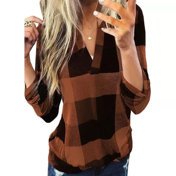 Dokotoo Womens Basic Casual V Neck Plaid Print Cotton Cuffed Long Sleeve Work Tops Blouses Shirts S-5XL