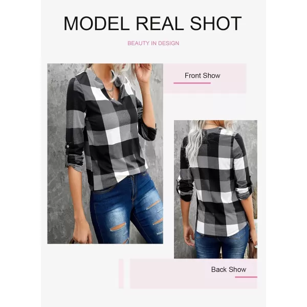Dokotoo Womens Basic Casual V Neck Plaid Print Cotton Cuffed Long Sleeve Work Tops Blouses Shirts S-5XL