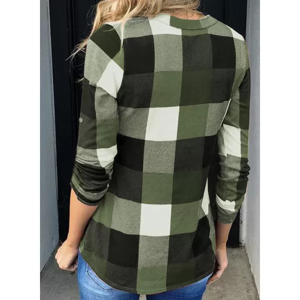 Dokotoo Womens Basic Casual V Neck Plaid Print Cotton Cuffed Long Sleeve Work Tops Blouses Shirts S-5XL