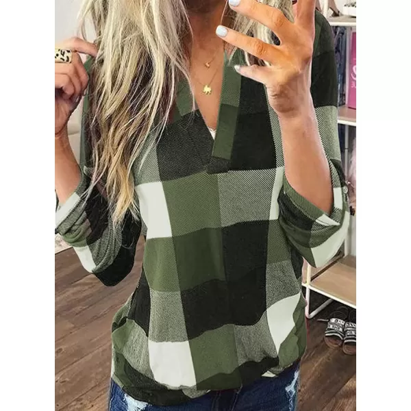 Dokotoo Womens Basic Casual V Neck Plaid Print Cotton Cuffed Long Sleeve Work Tops Blouses Shirts S-5XL