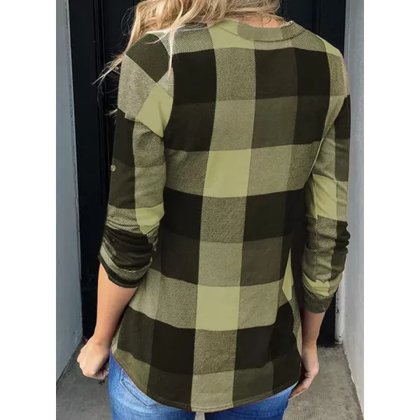 Dokotoo Womens Basic Casual V Neck Plaid Print Cotton Cuffed Long Sleeve Work Tops Blouses Shirts S-5XL