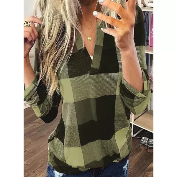Dokotoo Womens Basic Casual V Neck Plaid Print Cotton Cuffed Long Sleeve Work Tops Blouses Shirts S-5XL