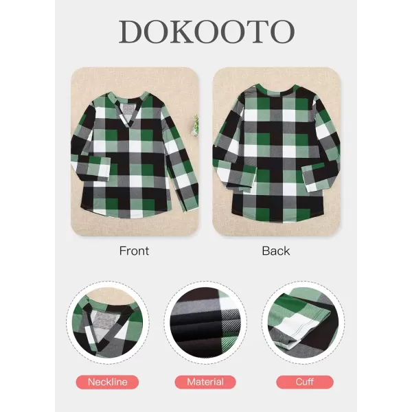Dokotoo Womens Basic Casual V Neck Plaid Print Cotton Cuffed Long Sleeve Work Tops Blouses Shirts S-5XL