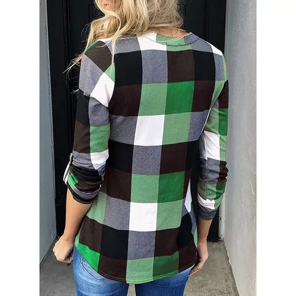 Dokotoo Womens Basic Casual V Neck Plaid Print Cotton Cuffed Long Sleeve Work Tops Blouses Shirts S-5XL