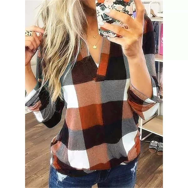 Dokotoo Womens Basic Casual V Neck Plaid Print Cotton Cuffed Long Sleeve Work Tops Blouses Shirts S-5XL