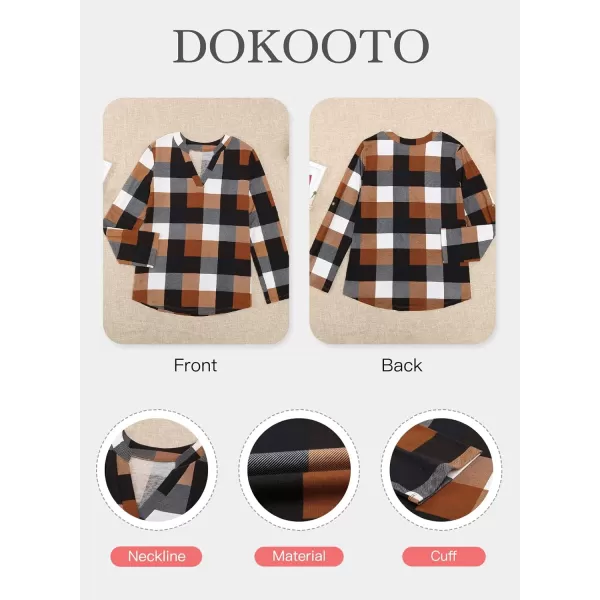 Dokotoo Womens Basic Casual V Neck Plaid Print Cotton Cuffed Long Sleeve Work Tops Blouses Shirts S-5XL