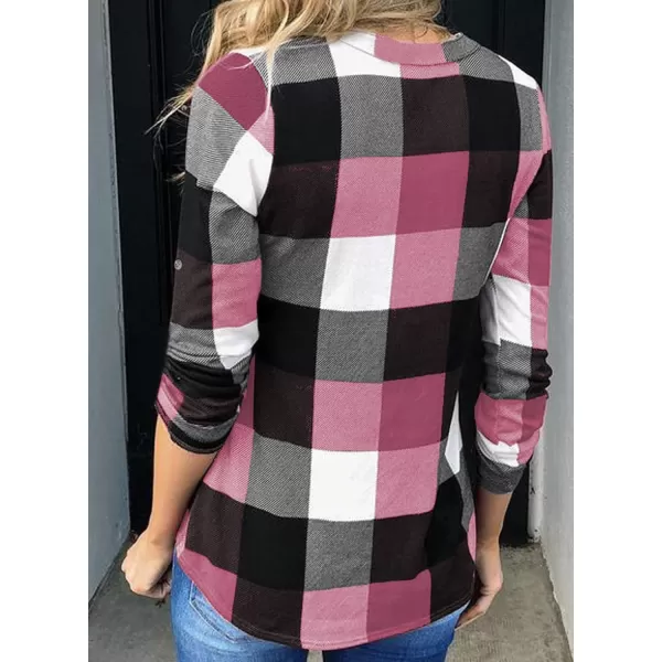 Dokotoo Womens Basic Casual V Neck Plaid Print Cotton Cuffed Long Sleeve Work Tops Blouses Shirts S-5XL