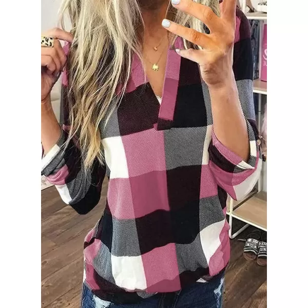 Dokotoo Womens Basic Casual V Neck Plaid Print Cotton Cuffed Long Sleeve Work Tops Blouses Shirts S-5XL
