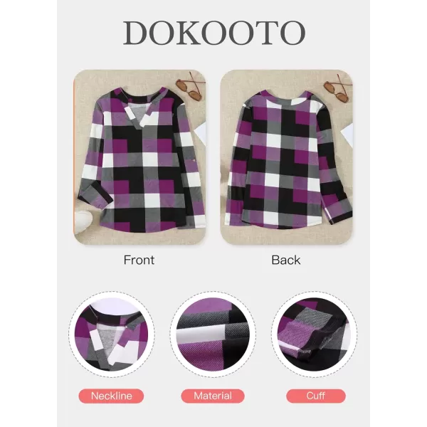 Dokotoo Womens Basic Casual V Neck Plaid Print Cotton Cuffed Long Sleeve Work Tops Blouses Shirts S-5XL
