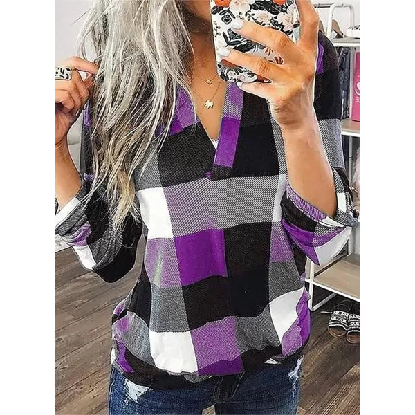 Dokotoo Womens Basic Casual V Neck Plaid Print Cotton Cuffed Long Sleeve Work Tops Blouses Shirts S-5XL