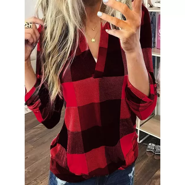 Dokotoo Womens Basic Casual V Neck Plaid Print Cotton Cuffed Long Sleeve Work Tops Blouses Shirts S-5XL