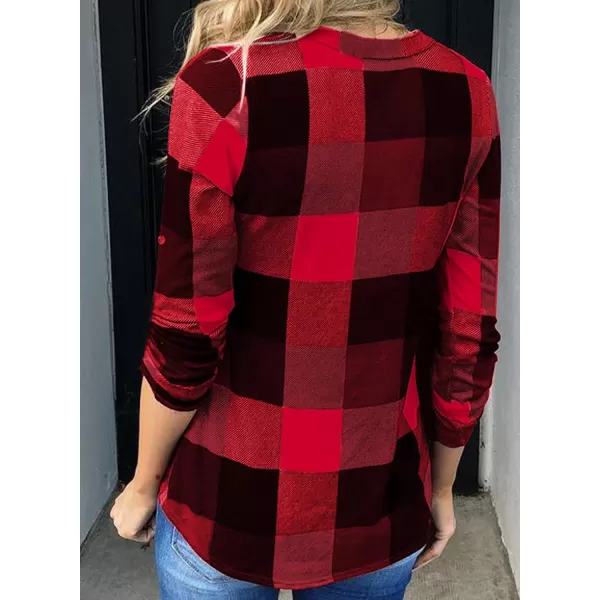 Dokotoo Womens Basic Casual V Neck Plaid Print Cotton Cuffed Long Sleeve Work Tops Blouses Shirts S-5XL