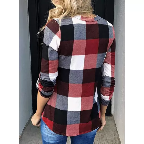 Dokotoo Womens Basic Casual V Neck Plaid Print Cotton Cuffed Long Sleeve Work Tops Blouses Shirts S-5XL