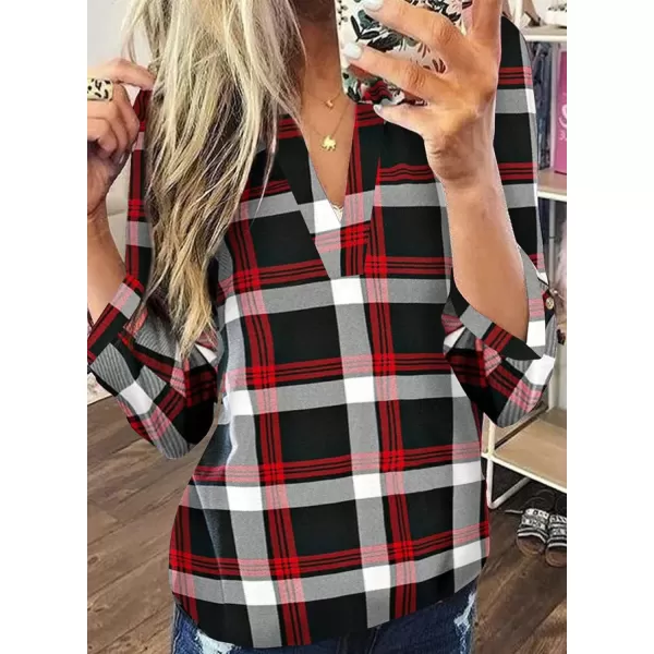 Dokotoo Womens Basic Casual V Neck Plaid Print Cotton Cuffed Long Sleeve Work Tops Blouses Shirts S-5XL