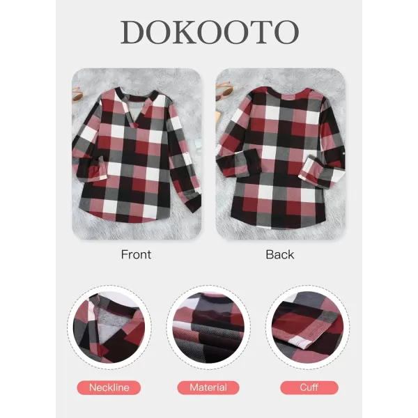 Dokotoo Womens Basic Casual V Neck Plaid Print Cotton Cuffed Long Sleeve Work Tops Blouses Shirts S-5XL