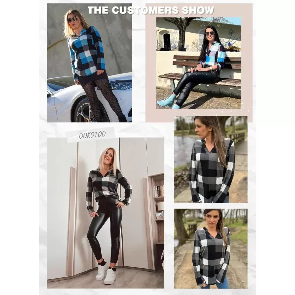 Dokotoo Womens Basic Casual V Neck Plaid Print Cotton Cuffed Long Sleeve Work Tops Blouses Shirts S-5XL