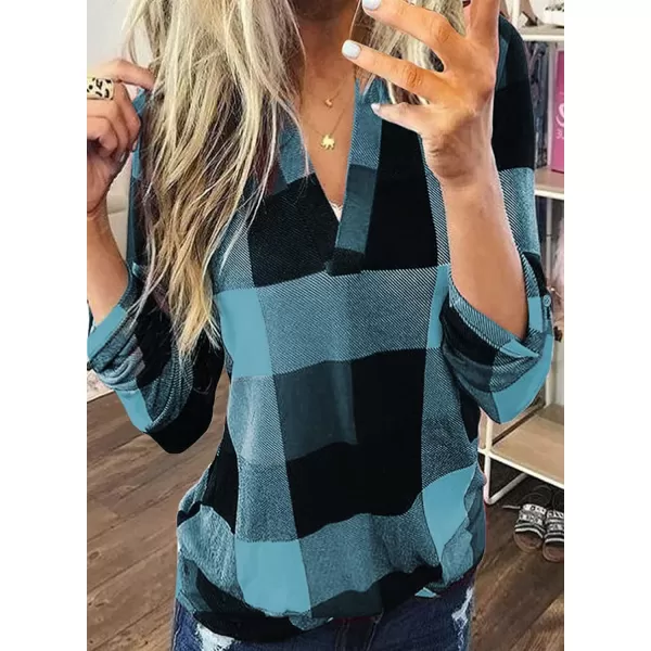 Dokotoo Womens Basic Casual V Neck Plaid Print Cotton Cuffed Long Sleeve Work Tops Blouses Shirts S-5XL