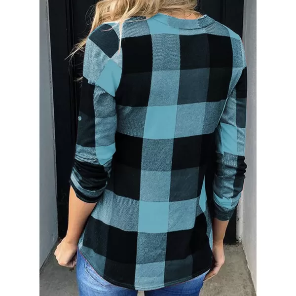Dokotoo Womens Basic Casual V Neck Plaid Print Cotton Cuffed Long Sleeve Work Tops Blouses Shirts S-5XL