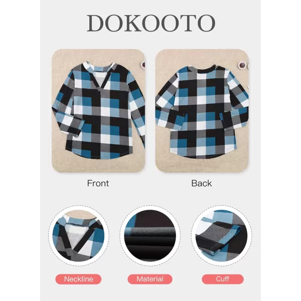 Dokotoo Womens Basic Casual V Neck Plaid Print Cotton Cuffed Long Sleeve Work Tops Blouses Shirts S-5XL
