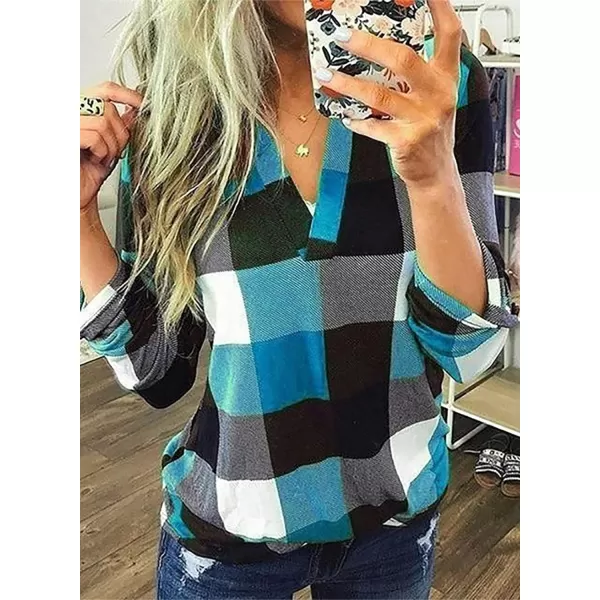 Dokotoo Womens Basic Casual V Neck Plaid Print Cotton Cuffed Long Sleeve Work Tops Blouses Shirts S-5XL