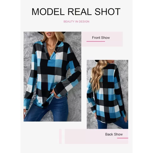 Dokotoo Womens Basic Casual V Neck Plaid Print Cotton Cuffed Long Sleeve Work Tops Blouses Shirts S-5XL