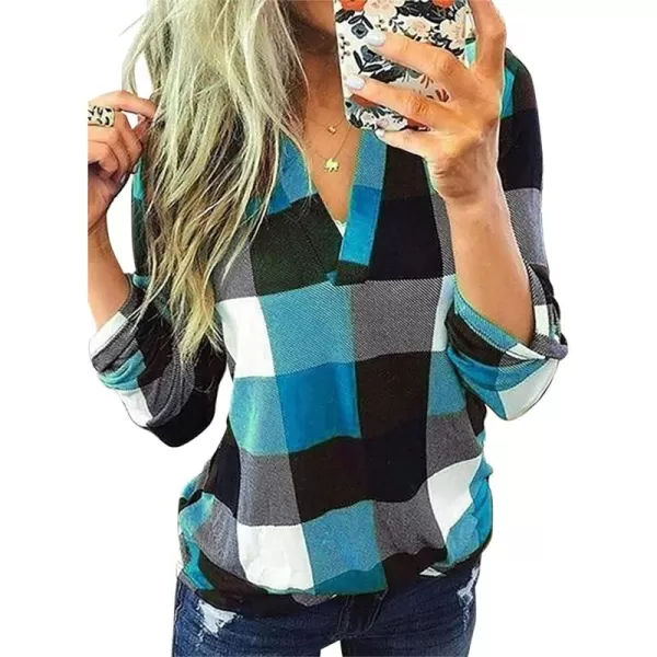 Dokotoo Womens Basic Casual V Neck Plaid Print Cotton Cuffed Long Sleeve Work Tops Blouses Shirts S-5XL