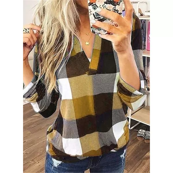 Dokotoo Womens Basic Casual V Neck Plaid Print Cotton Cuffed Long Sleeve Work Tops Blouses Shirts S-5XL