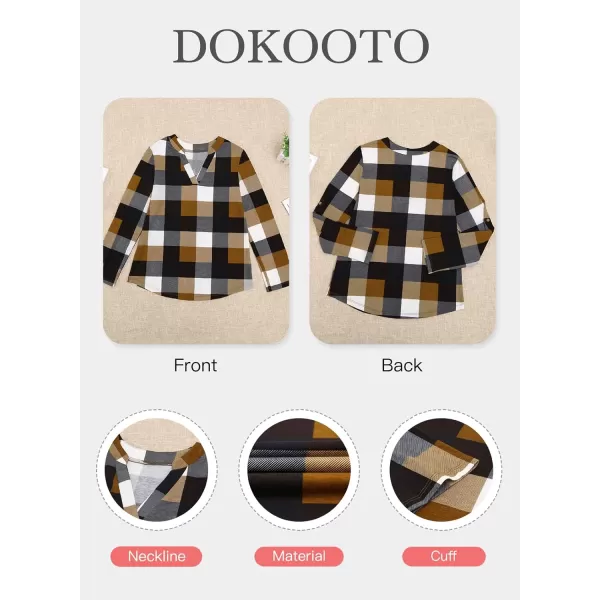 Dokotoo Womens Basic Casual V Neck Plaid Print Cotton Cuffed Long Sleeve Work Tops Blouses Shirts S-5XL