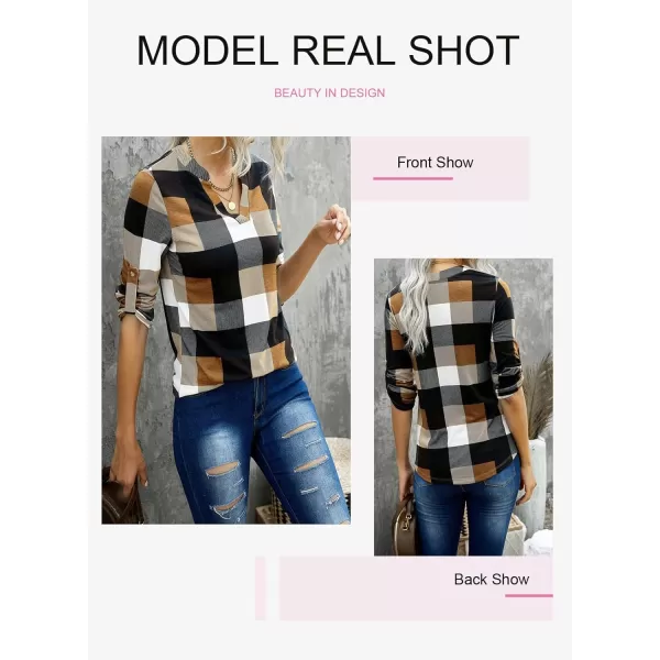 Dokotoo Womens Basic Casual V Neck Plaid Print Cotton Cuffed Long Sleeve Work Tops Blouses Shirts S-5XL