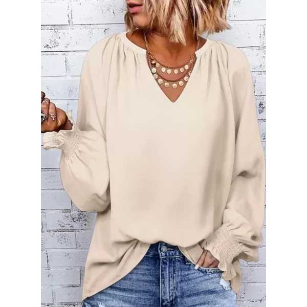 Dokotoo Womens Blouses Fashion 2023 Smocked Long Sleeve V Neck Casual Chiffon Shirts Tops