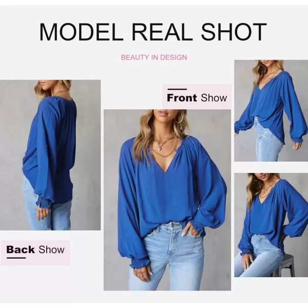 Dokotoo Womens Blouses Fashion 2023 Smocked Long Sleeve V Neck Casual Chiffon Shirts Tops
