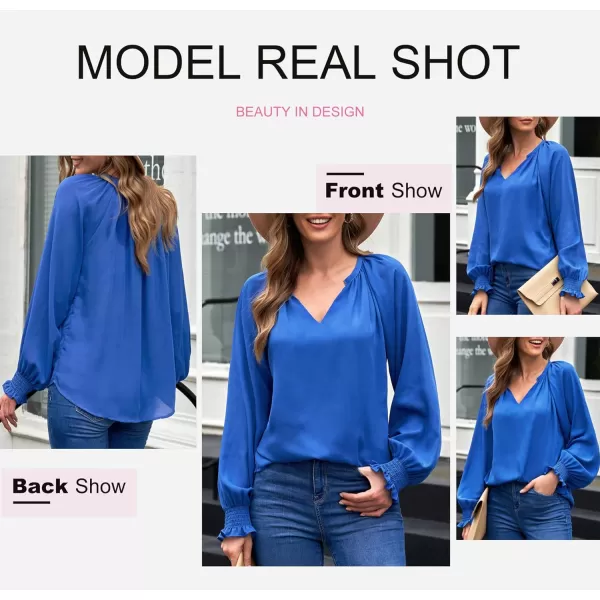 Dokotoo Womens Blouses Fashion 2023 Smocked Long Sleeve V Neck Casual Chiffon Shirts Tops