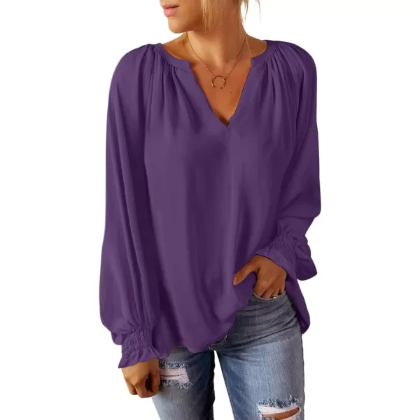 Dokotoo Womens Blouses Fashion 2023 Smocked Long Sleeve V Neck Casual Chiffon Shirts Tops