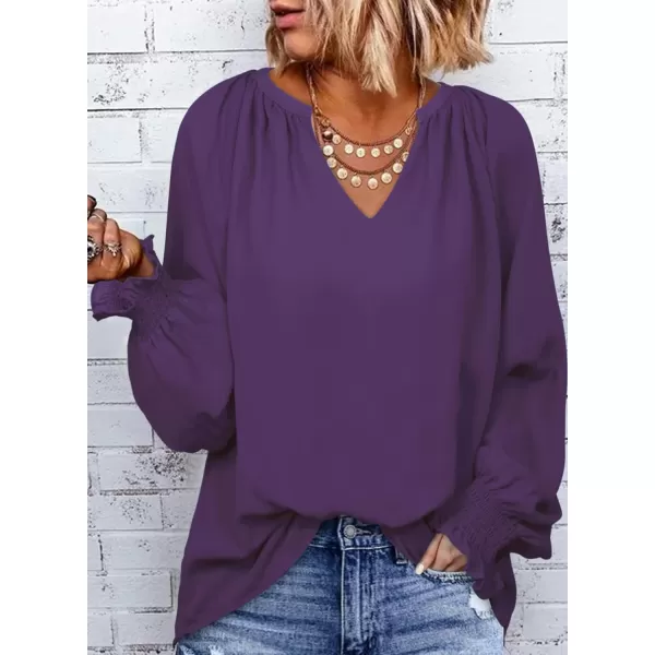 Dokotoo Womens Blouses Fashion 2023 Smocked Long Sleeve V Neck Casual Chiffon Shirts Tops