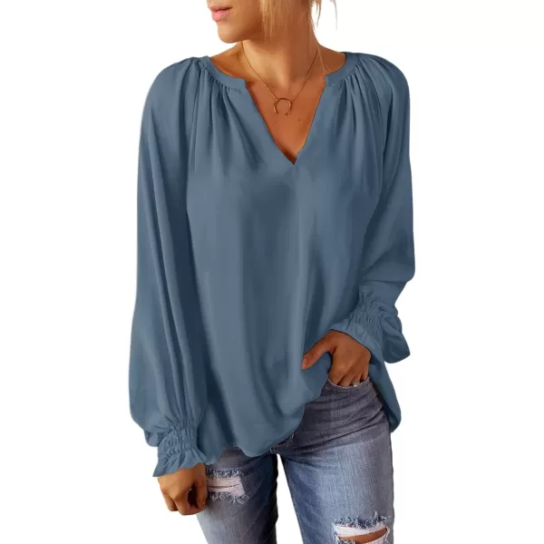 Dokotoo Womens Blouses Fashion 2023 Smocked Long Sleeve V Neck Casual Chiffon Shirts Tops