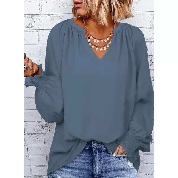 Dokotoo Womens Blouses Fashion 2023 Smocked Long Sleeve V Neck Casual Chiffon Shirts Tops