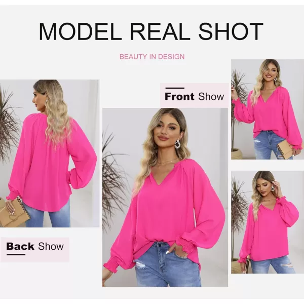 Dokotoo Womens Blouses Fashion 2023 Smocked Long Sleeve V Neck Casual Chiffon Shirts Tops