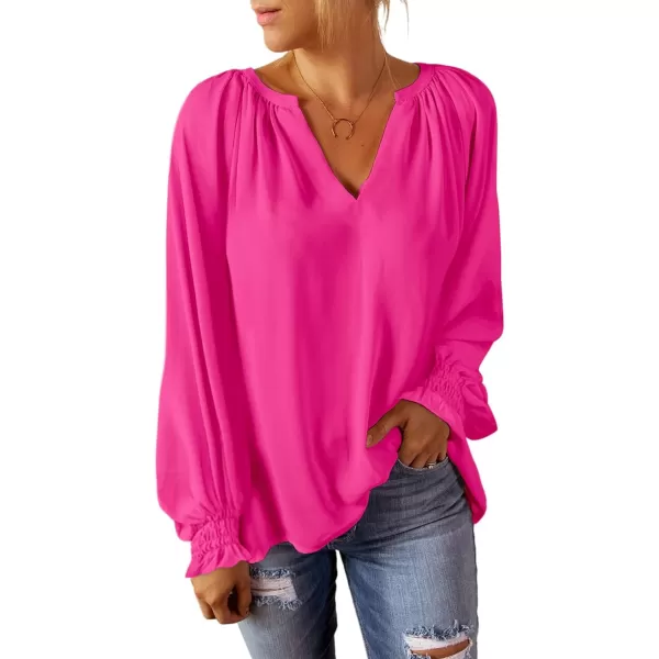 Dokotoo Womens Blouses Fashion 2023 Smocked Long Sleeve V Neck Casual Chiffon Shirts Tops
