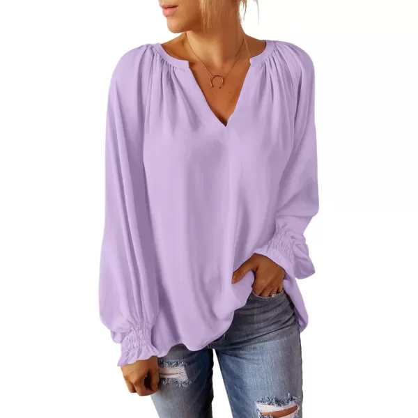 Dokotoo Womens Blouses Fashion 2023 Smocked Long Sleeve V Neck Casual Chiffon Shirts Tops