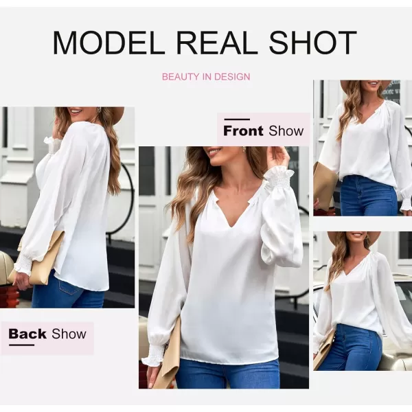 Dokotoo Womens Blouses Fashion 2023 Smocked Long Sleeve V Neck Casual Chiffon Shirts Tops