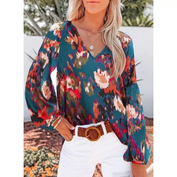 Dokotoo Women's Casual Boho Floral Print V Neck Long Sleeve T Shirt Blouses