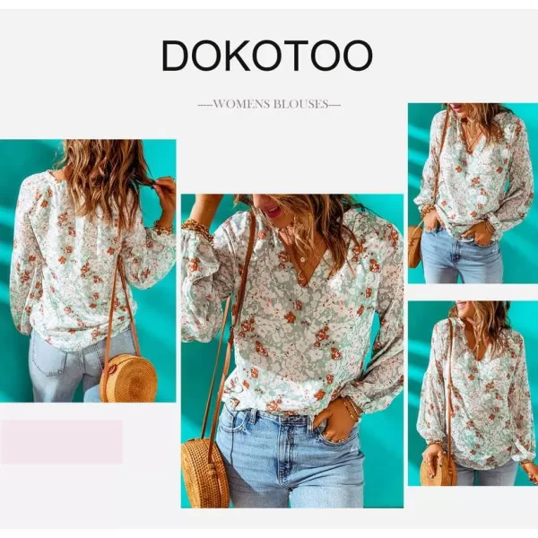 Dokotoo Women's Casual Boho Floral Print V Neck Long Sleeve T Shirt Blouses