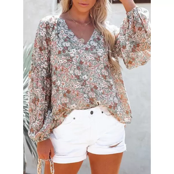 Dokotoo Women's Casual Boho Floral Print V Neck Long Sleeve T Shirt Blouses