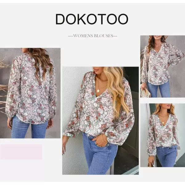 Dokotoo Women's Casual Boho Floral Print V Neck Long Sleeve T Shirt Blouses