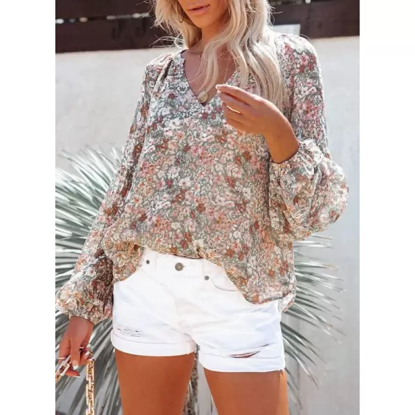 Dokotoo Women's Casual Boho Floral Print V Neck Long Sleeve T Shirt Blouses