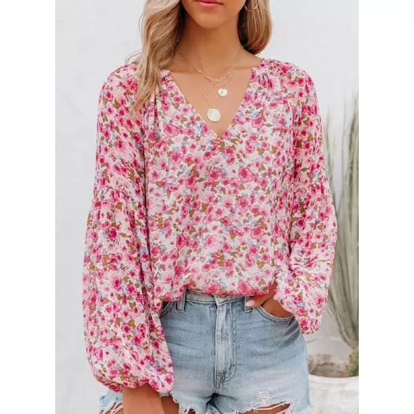 Dokotoo Women's Casual Boho Floral Print V Neck Long Sleeve T Shirt Blouses